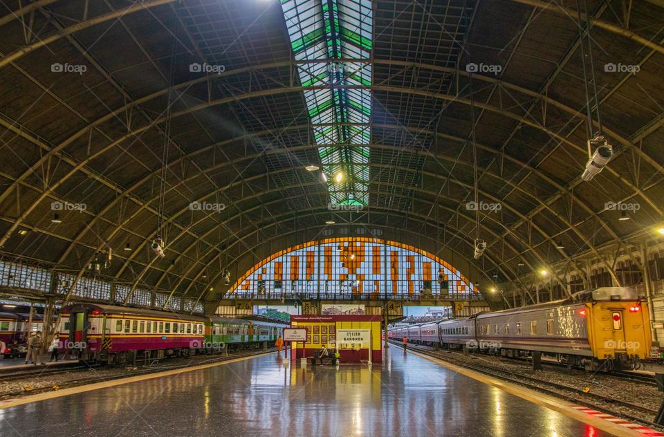 Train wagons in the concourse of the Huang Lamphong Railway station in Bangkok Thailand Southeast Asia