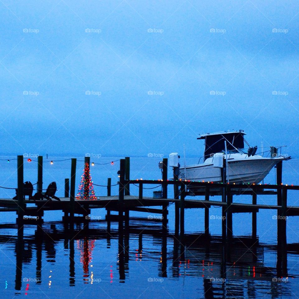 Boat docked at dusk