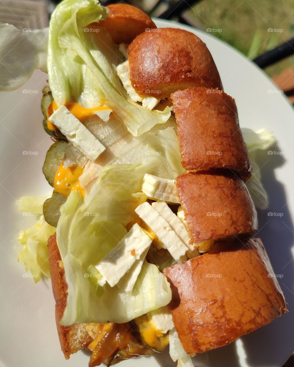 Garlic bread, burger