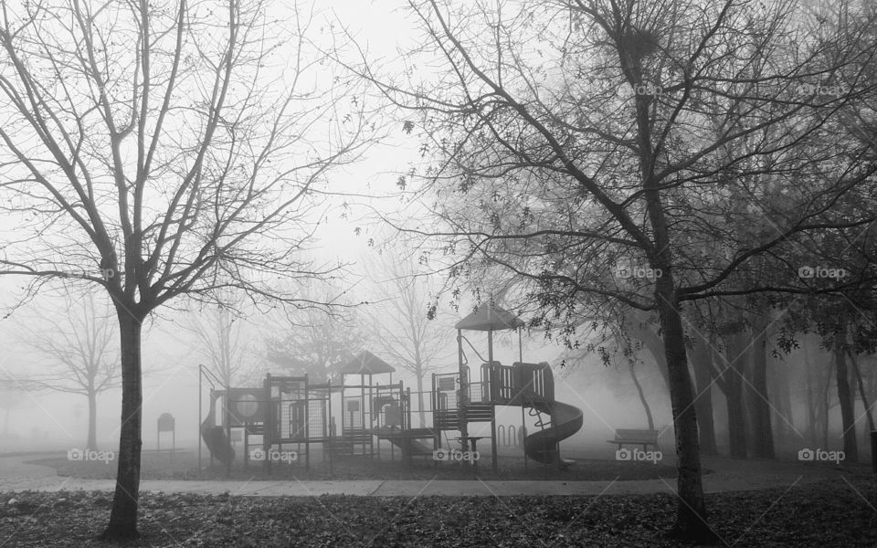 haunted playground. morning fog at local playground