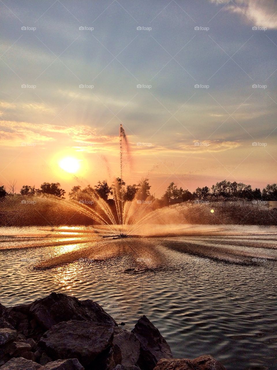 Sunset, fountain, water,  sky