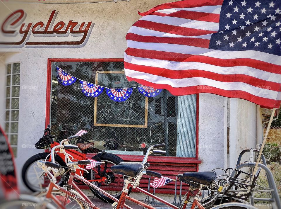 American Flags and Bikes Say July 4th,