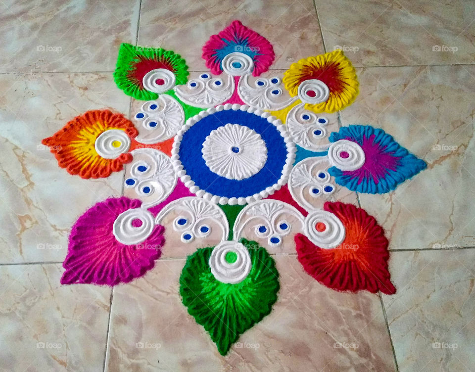 Beautiful Handmade Rangoli made on the occasion of Diwali ( Deepawali ) / The festival of Lights, decorations, joy and happiness / Indian Festival / Culture and Traditions / Colorful Street Drawing / Happy Diwali....