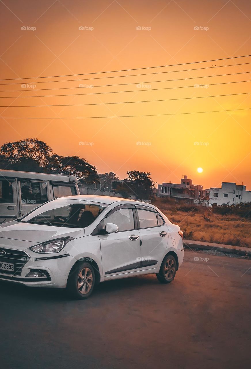 Perfect shining of cars ia at sunset time