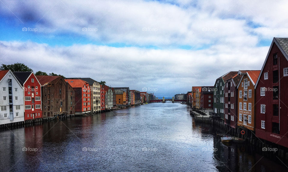 Houses along a waterway in Trondheim, Norway 