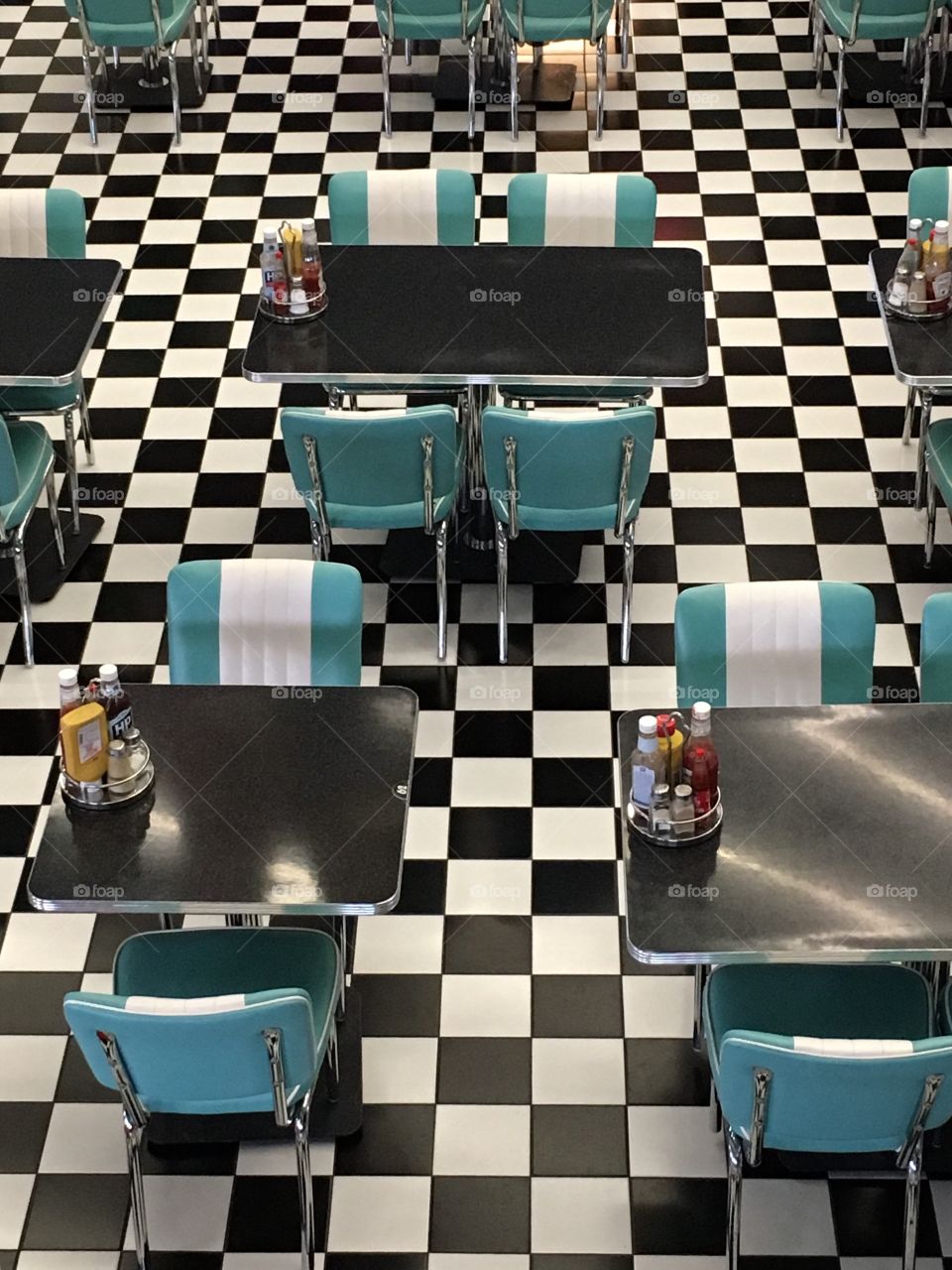 Retro restaurant,  checkered floor.