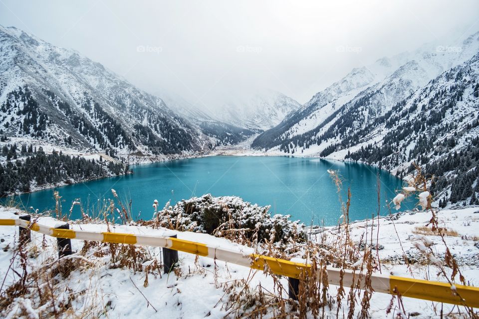 Snowing day at Big Almaty Lake in Kazakhstan