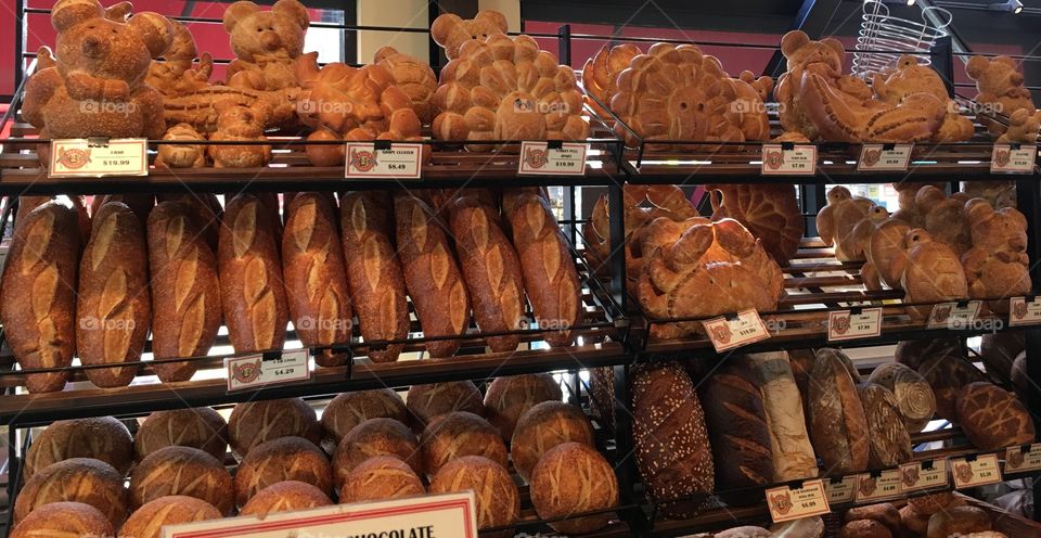 Bread on racks at Boudin bakery in San Francisco shaped as bear, turkey, crab, and alligator 