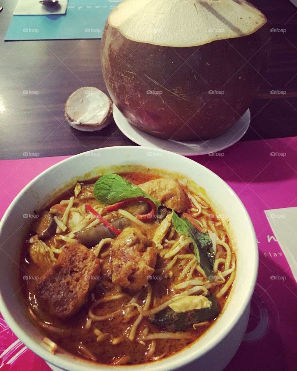Malaysian Curry Laksa and fresh coconut 
