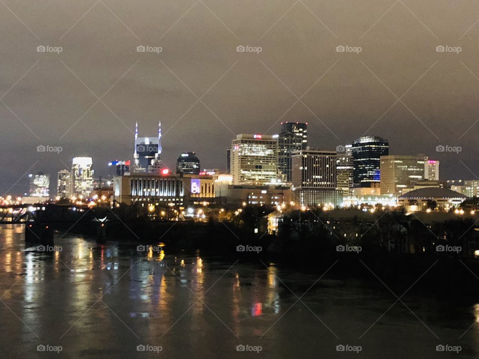 Nashville night skyline and river 