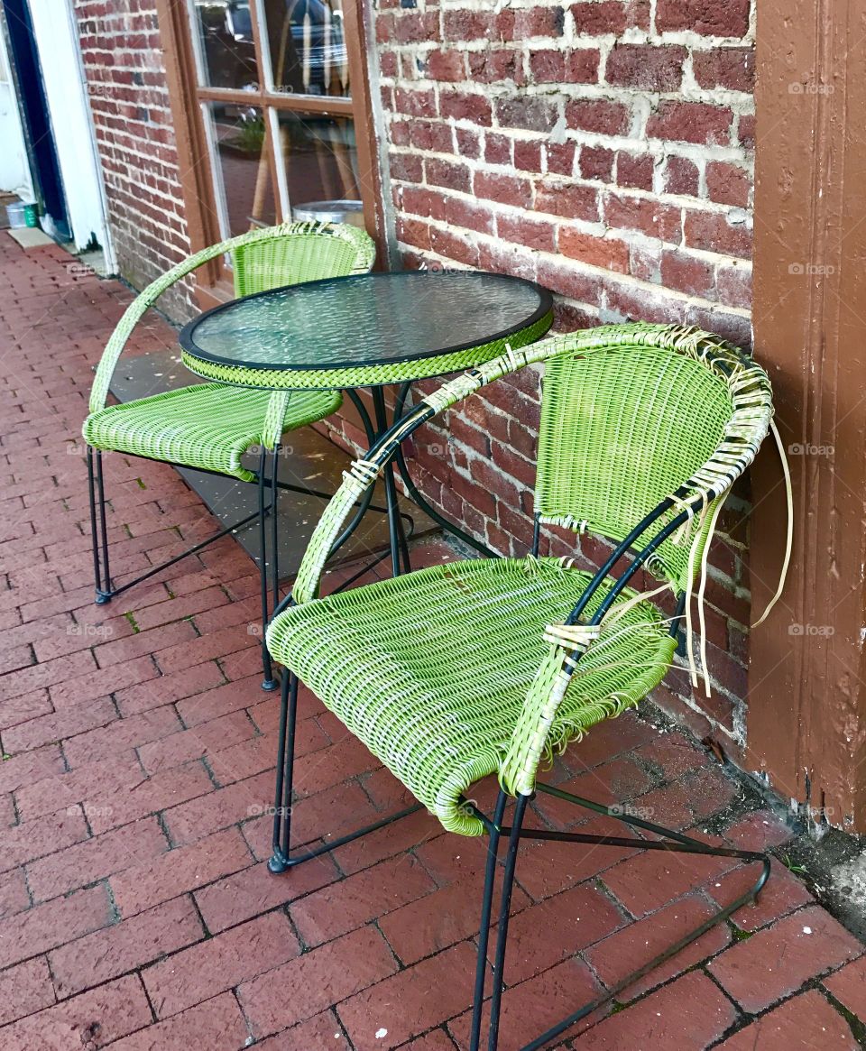 Green Wicker Table & Chairs