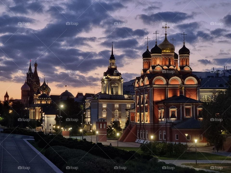 View on towers and cuppolas at sunset