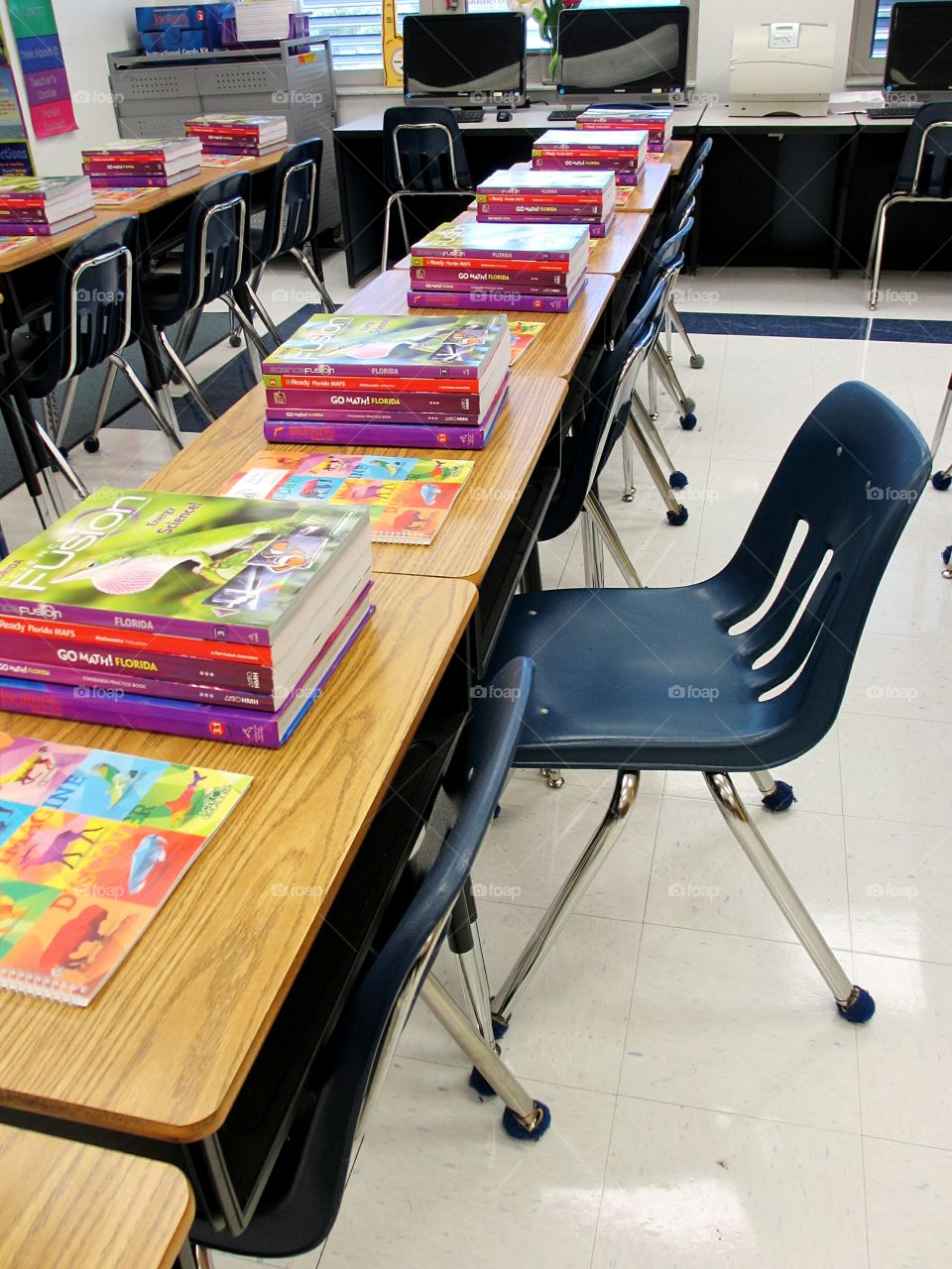 back to school. Grade school desk and chair ready for first day of school