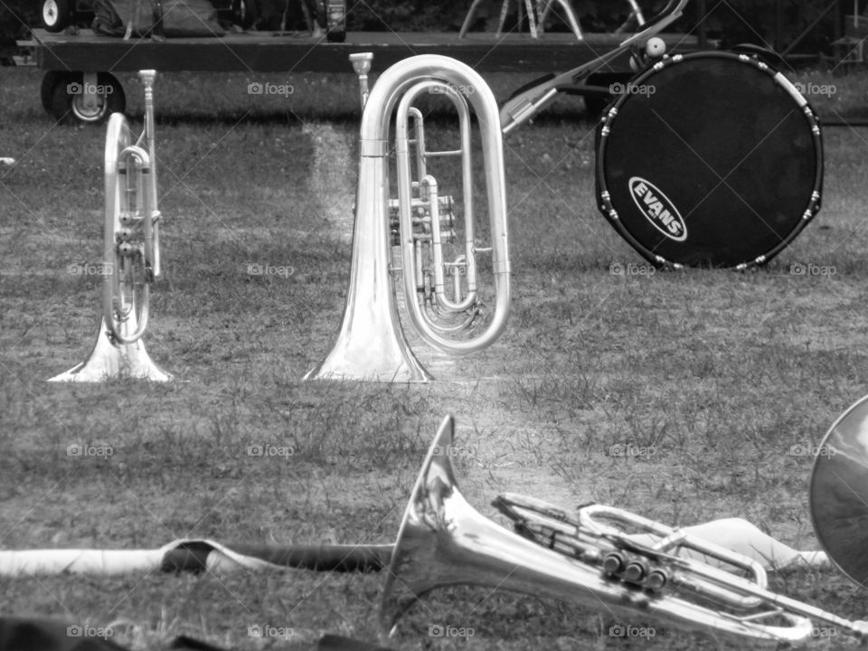 Marching band horns on break.