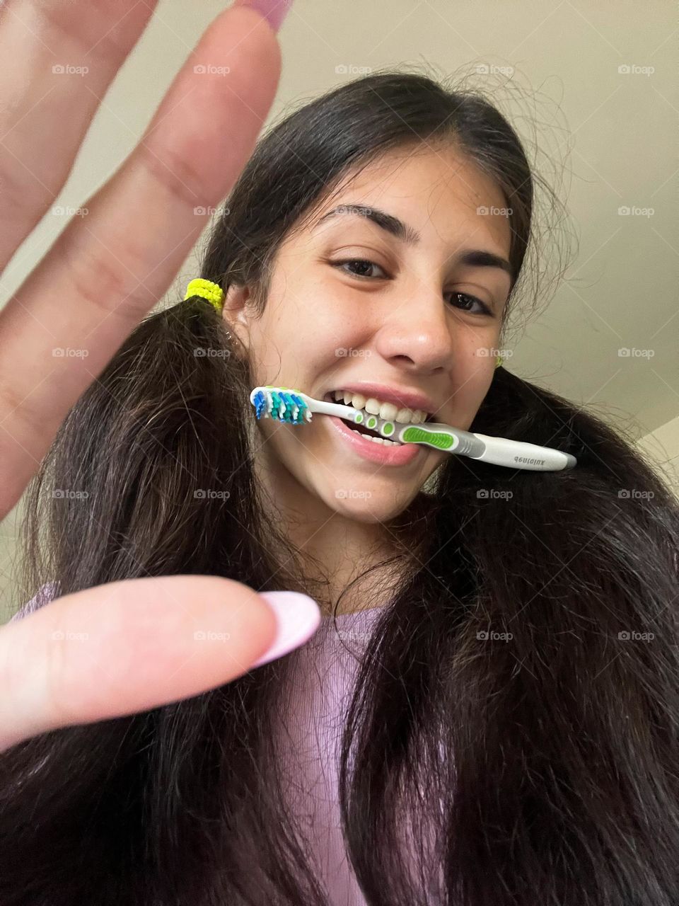 Energetic, Vibrant Portrait of Girl with Toothbrush