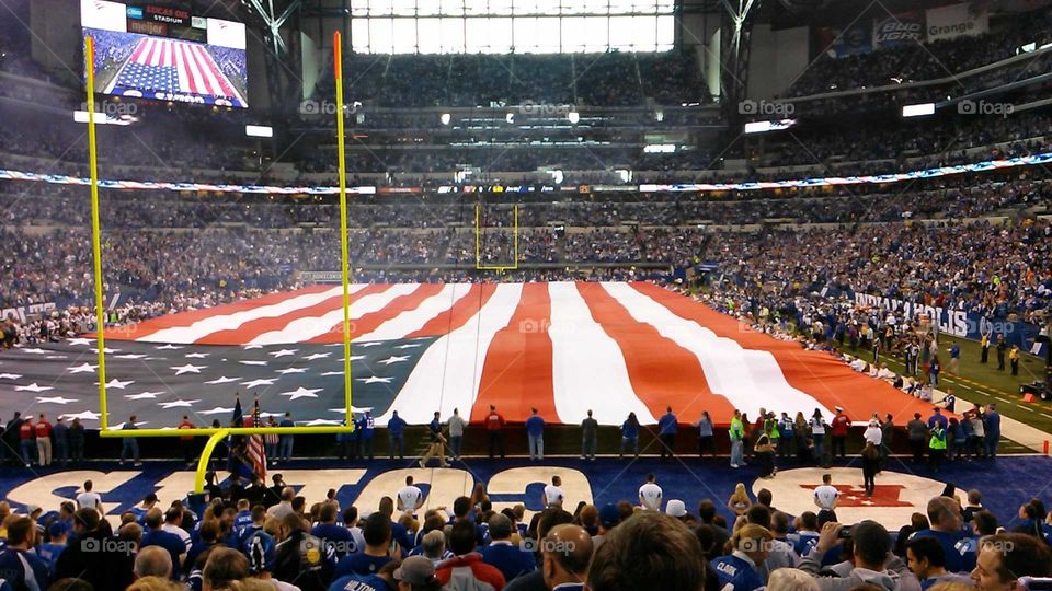 Indianapolis Colts pre-game National Anthem ceremony!  Biggest American Flag Ever!!  Go USA!