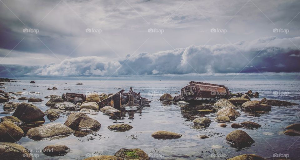 Rusty shipwreck in lake