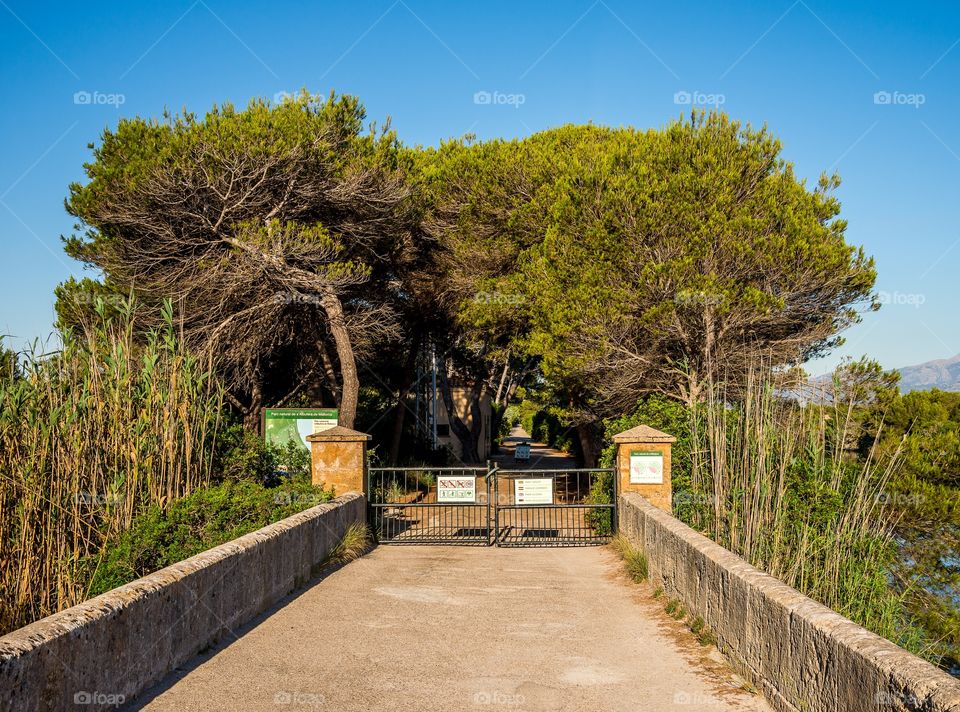 Entrance gate to S’Albufera Natural Park near Alcudia, Majorca, Balearic Islands, Spain