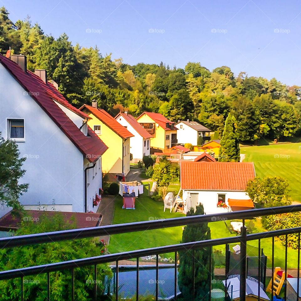 Apartment Balcony View Of Homes In Hohenfels, Germany.