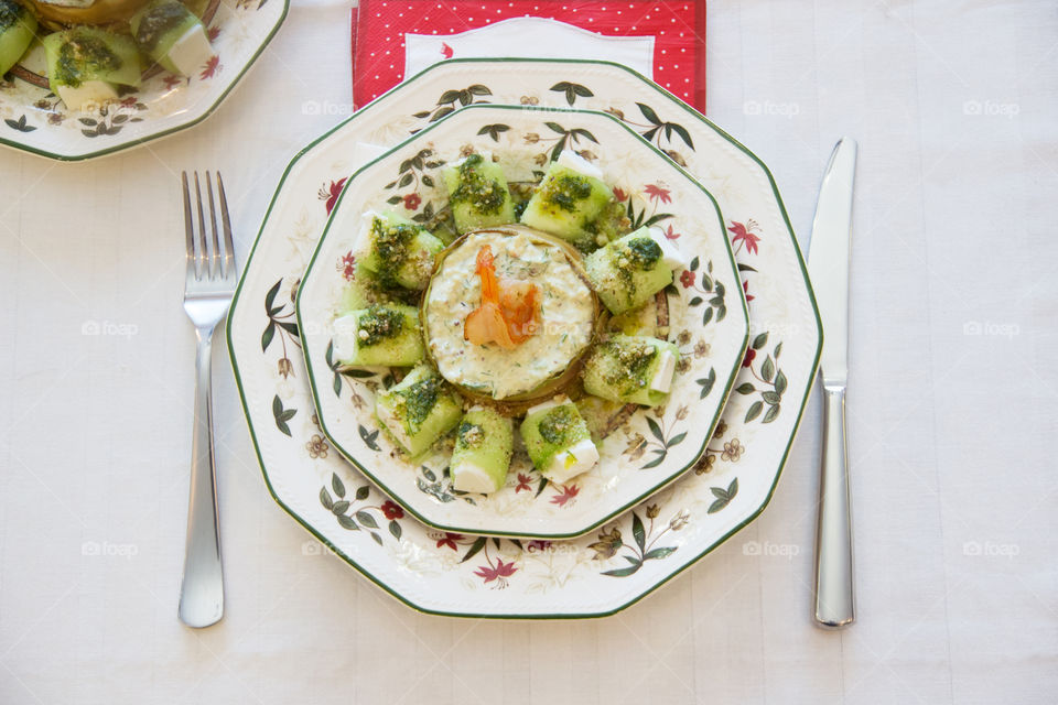 Healthy food in plate on table