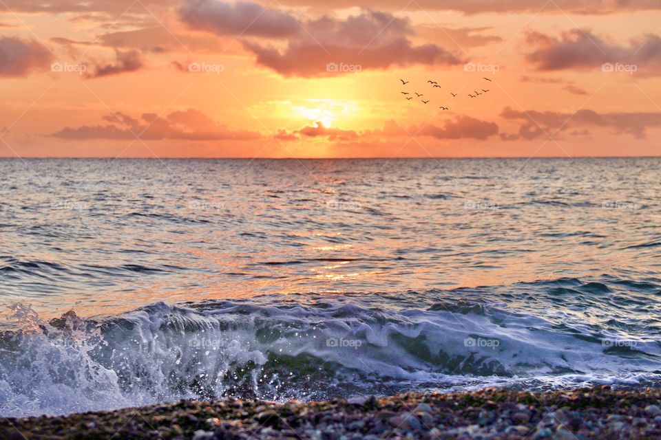 pebble beach of the black sea at sunset