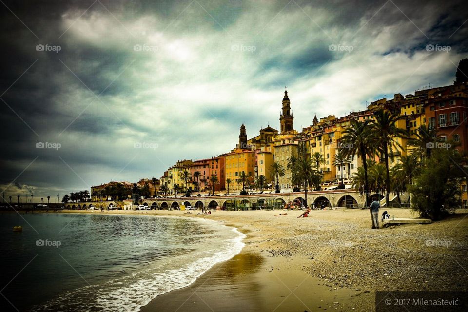 view of old town in menton, southeastern france.