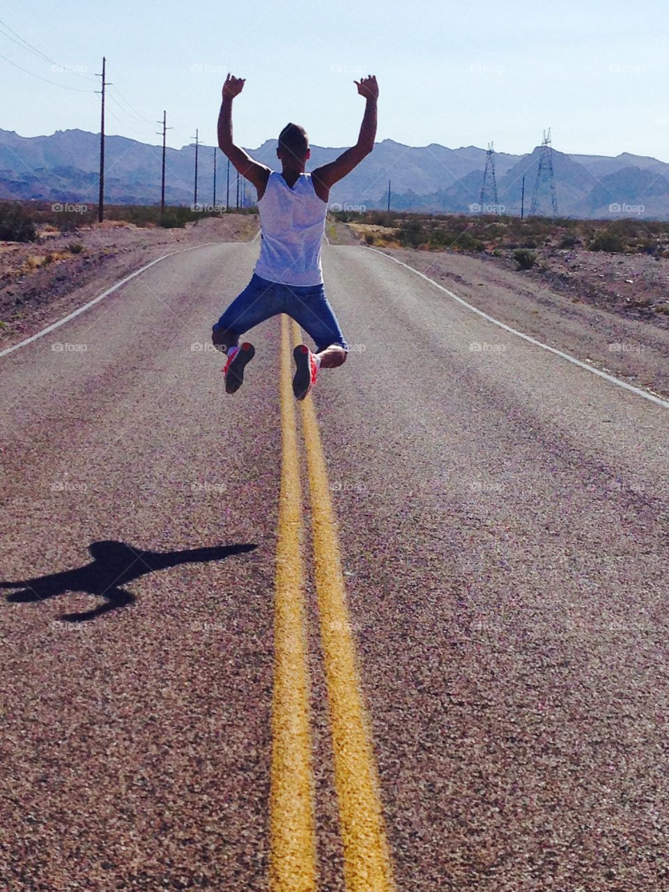 Man Jump on the Route 66 to Oatman