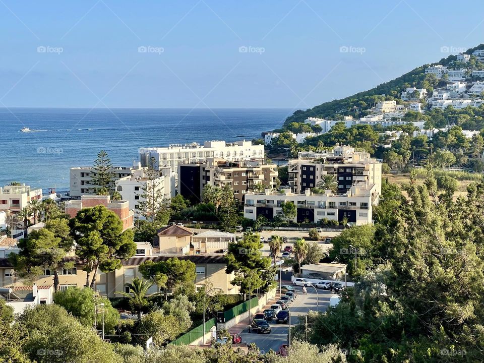 View of Santa Eulalia de Riu, Eivissa, Ibiza island, Spain, view of hills, sea and buildings 