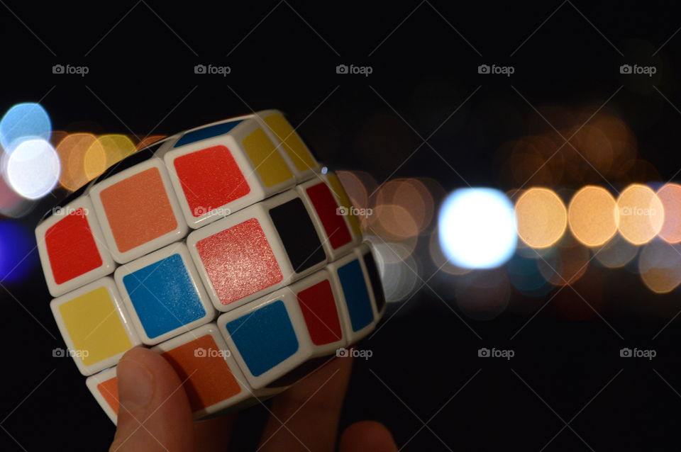 Rubik's cube at night lights