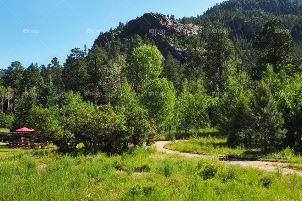 Mountain scene and small gathering area