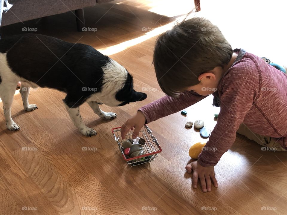 Toddler filling basket with rocks 