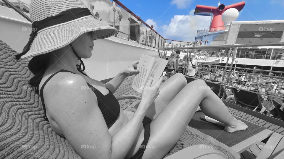 black and white color splash Carnival ship woman reading