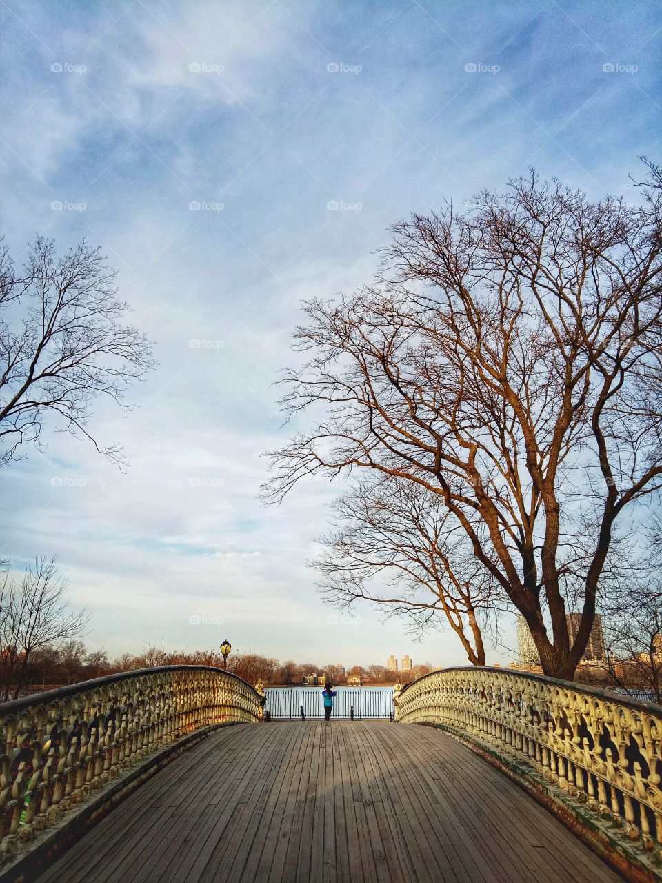 A woman at the center of the bridge standing taking a picture of the reservoir in Manhattan.