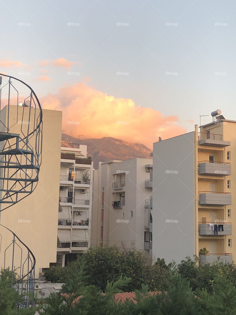 View from the apartment in Kalamata. Phenomenal pink clouds over the mountains 