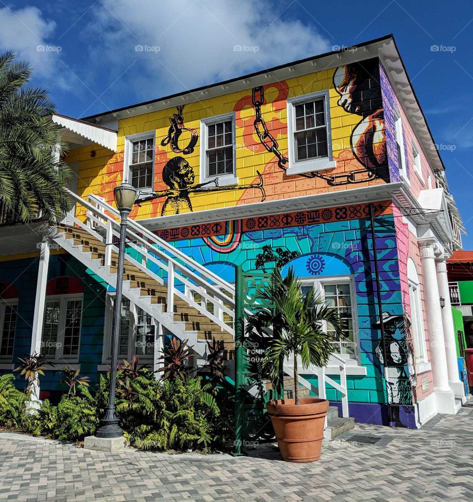 Painted building in Nassau, Bahamas. Building art. Being a tourist. Exploring Nassau. Local views.