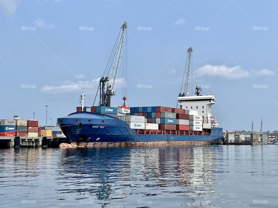Container ship being loaded