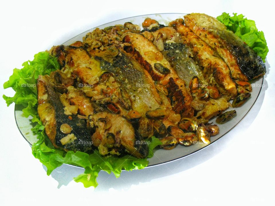 food fish fried salmon with mussels