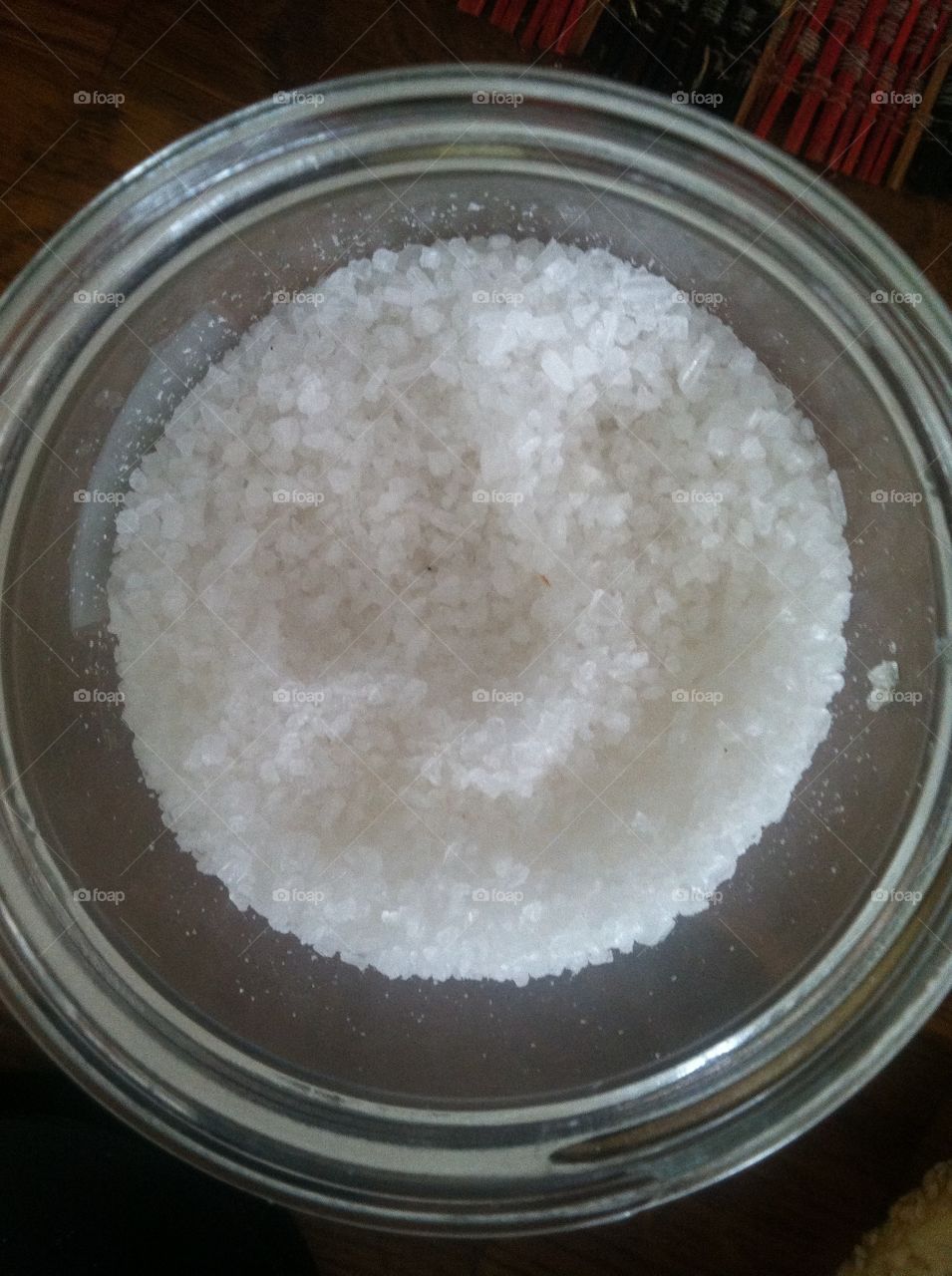 Salt. Overhead view of coarse sea salt 