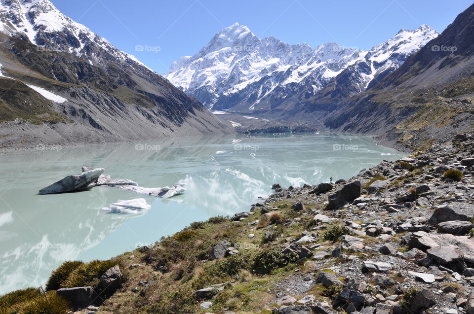 Snowy mountains reflected in a turquoise lake