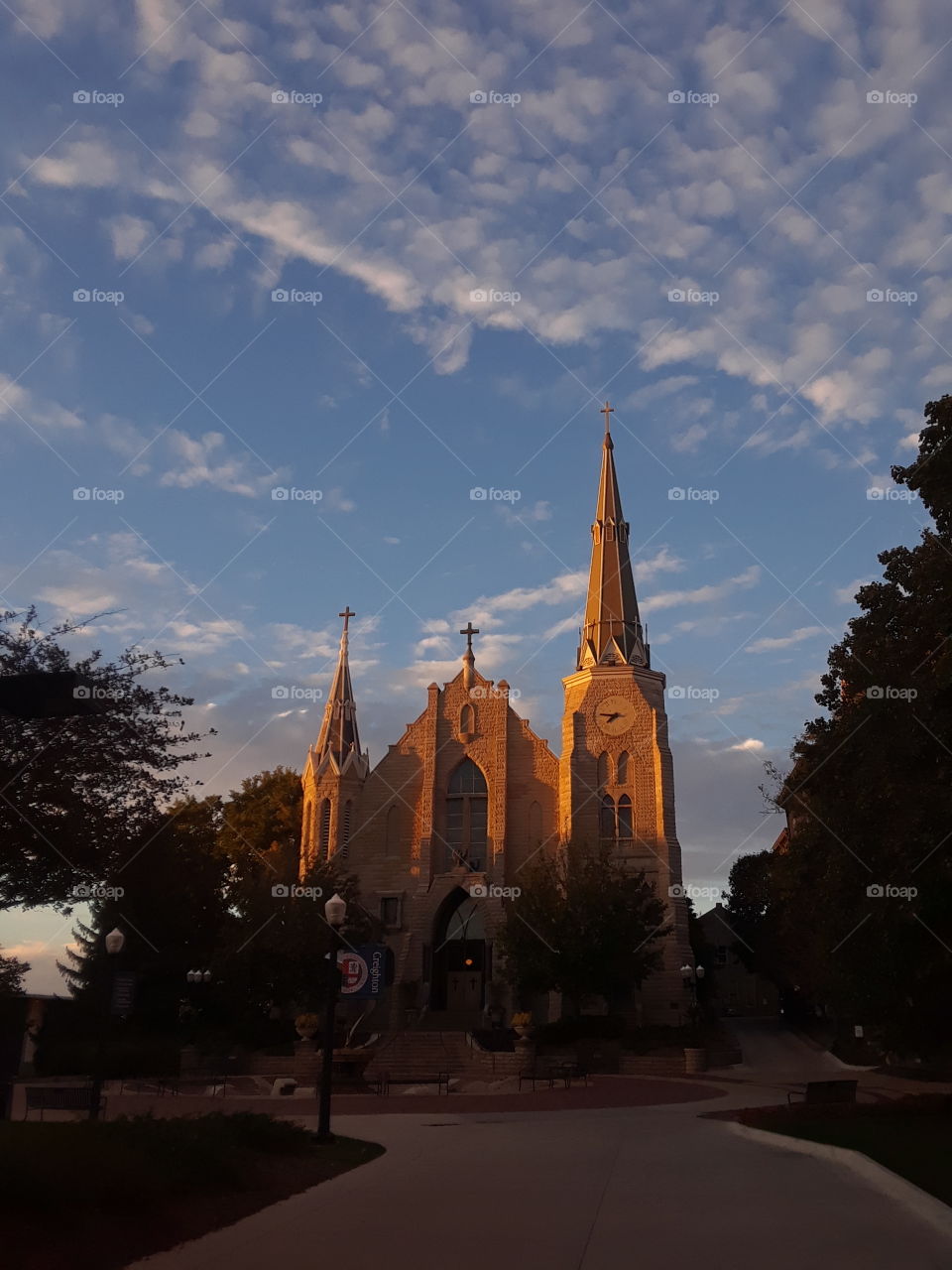 The beautiful St. John's Church on the Creighton University Campus in Omaha Nevraska at sundown