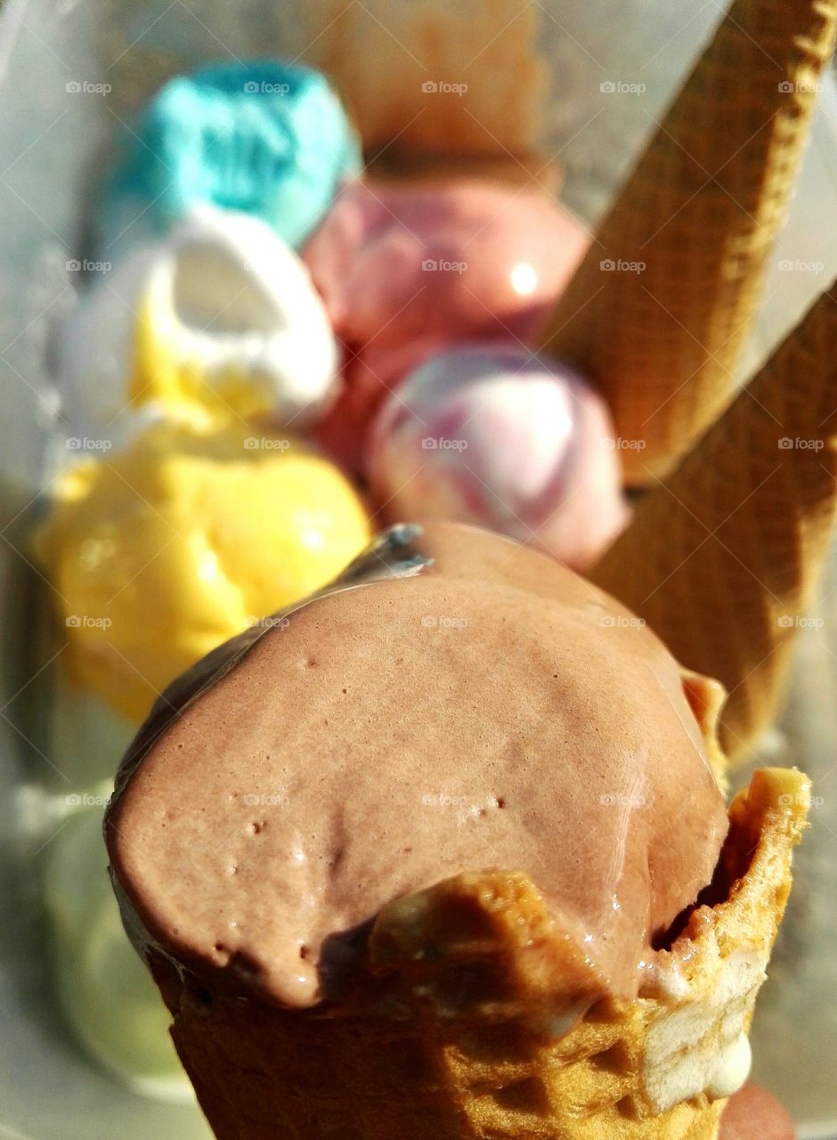 Colorful balls of ice cream and wafers