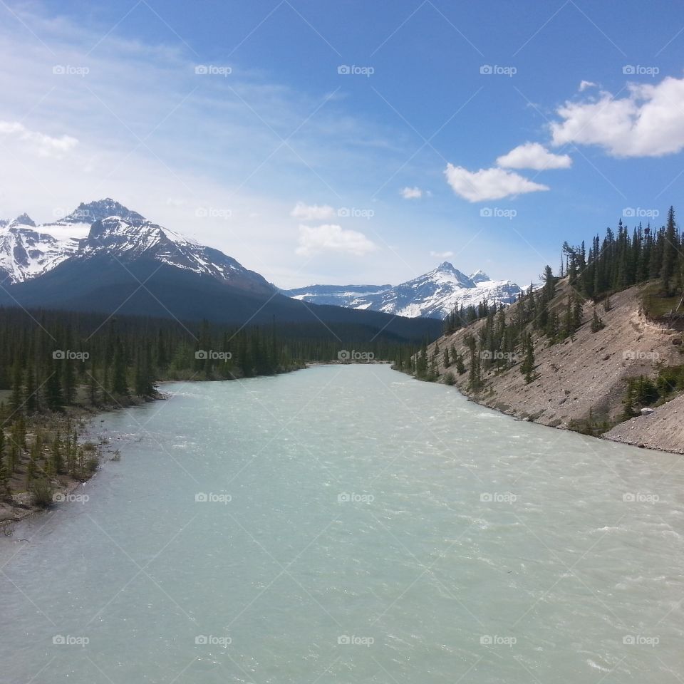 Taken on the Icefields Parkway where it crosses the Athabasca river. The river originates from the Columbia glacier in the Columbia Icefields in Jasper National Park, Alberta, Canada