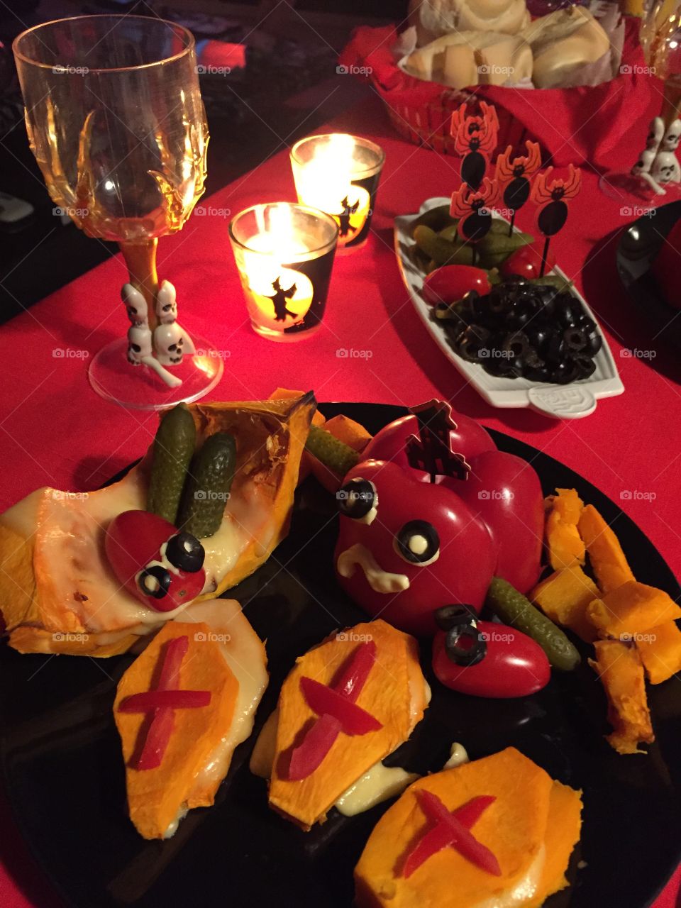 A dinner full of halloween decoration everywhere 