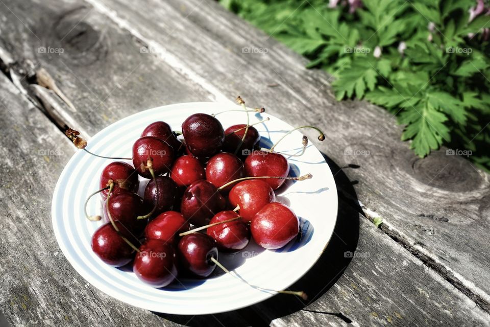 Day no people outdoors close-up cherries plate wood old in the garden nature freshness petal flower head plant