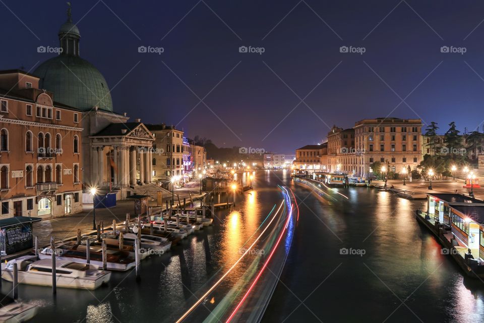 Long exposure night town canal