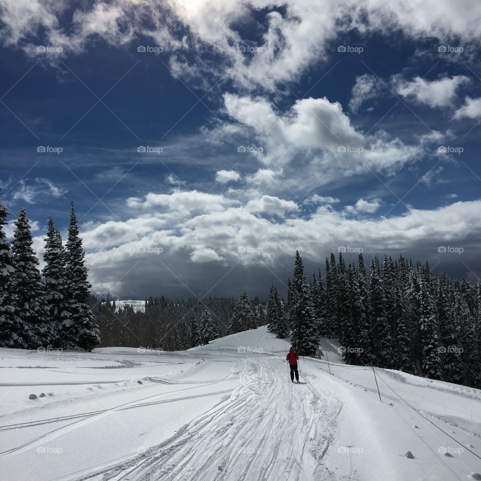 Someone skis on a beautiful day at Grand Targhee in Alta, Wyoming. 