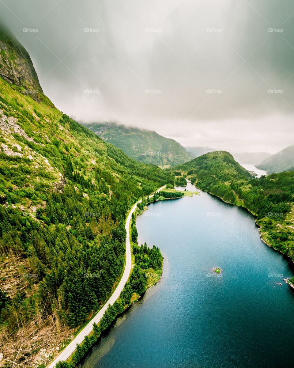 Drone view of Norwegian fjord landscape 