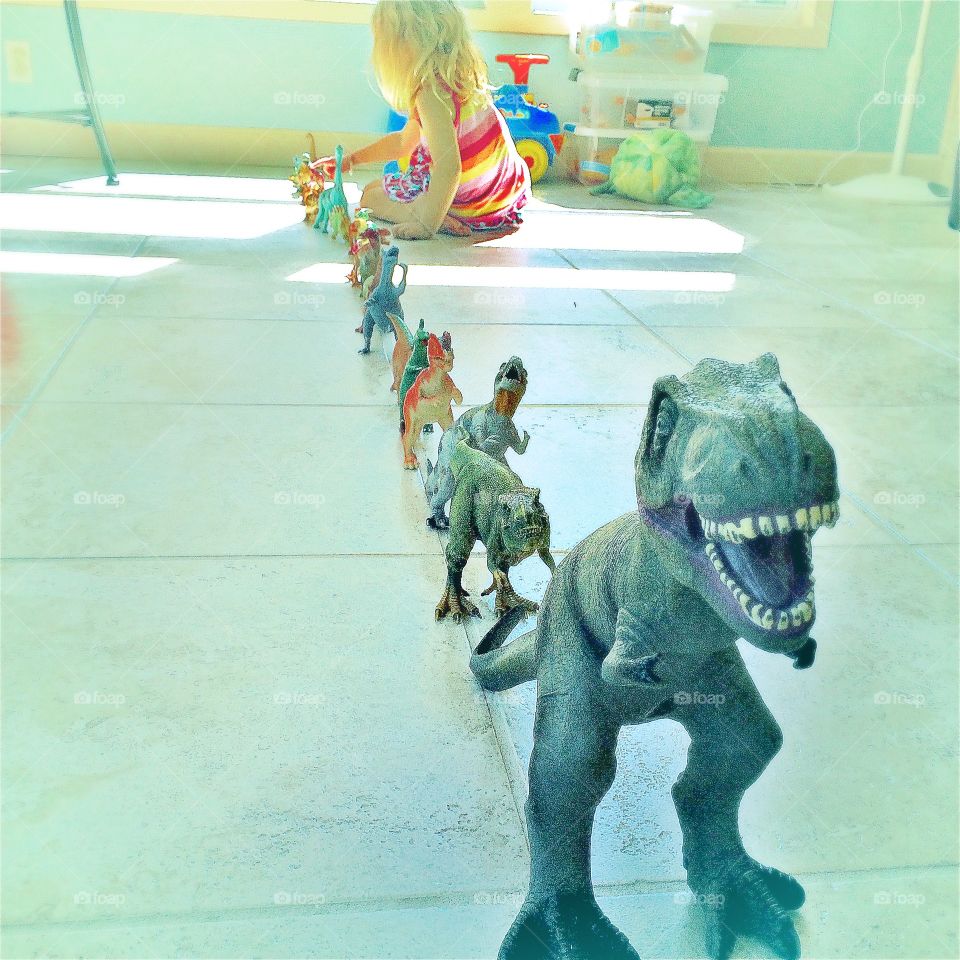 A little girl makes a long line of dinosaur toys in her family's sunroom.