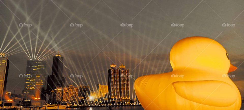 Rubber Duck floating on Love River Bay in Kaohsiung, Taiwan