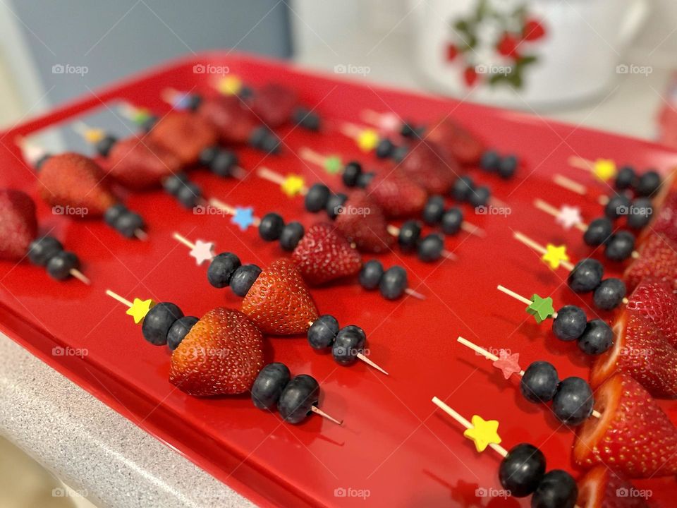 Summertime fruit skewers, Fourth of July snacks, red white and blue fruit appetizer 